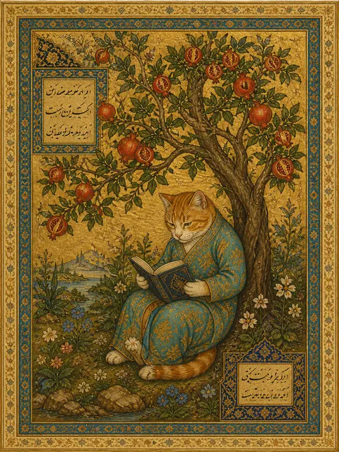 نقاشی مینیاتور گربه زیر درخت انار